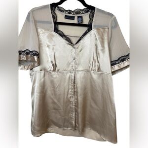 Vintage Apostrophe Y2K Gold Satiny Top with Black Lace Trim